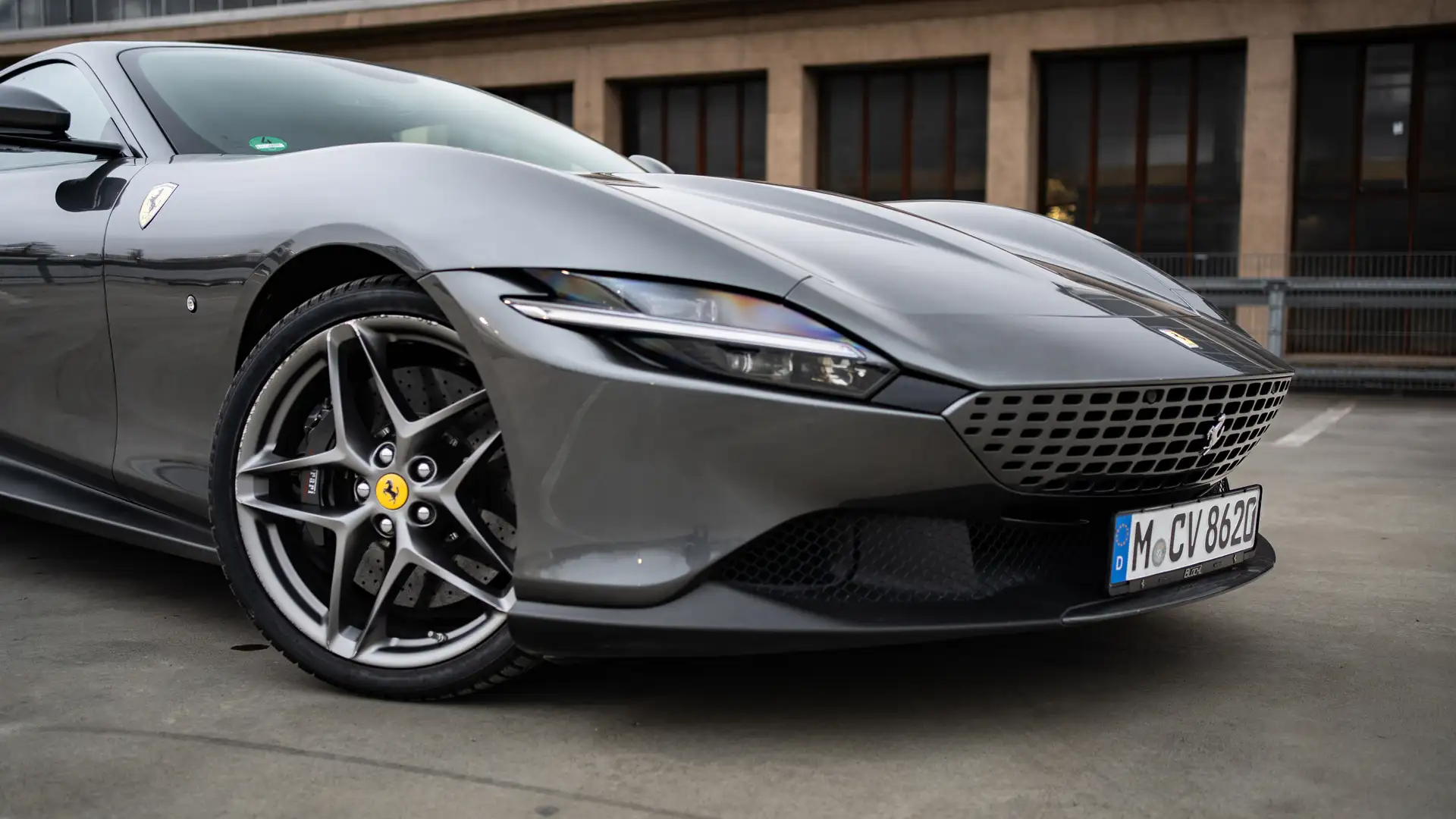 The headlights and rims of our Ferrari Roma in detail.